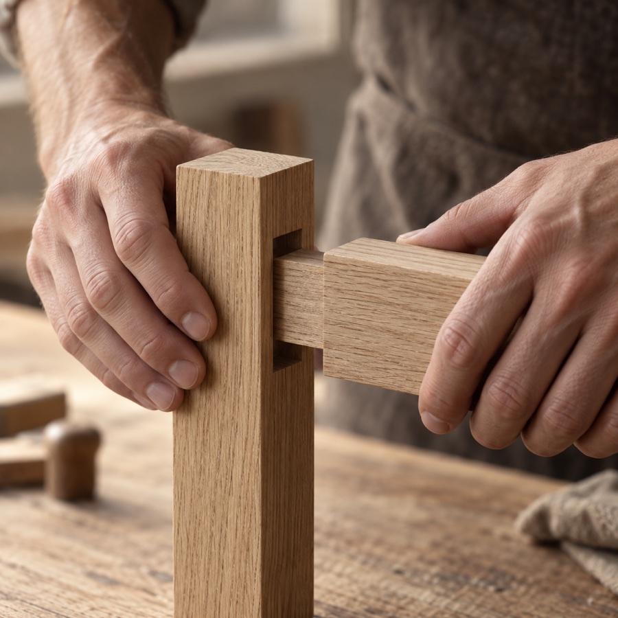 Vakman maakt met de hand een precieze houten verbinding